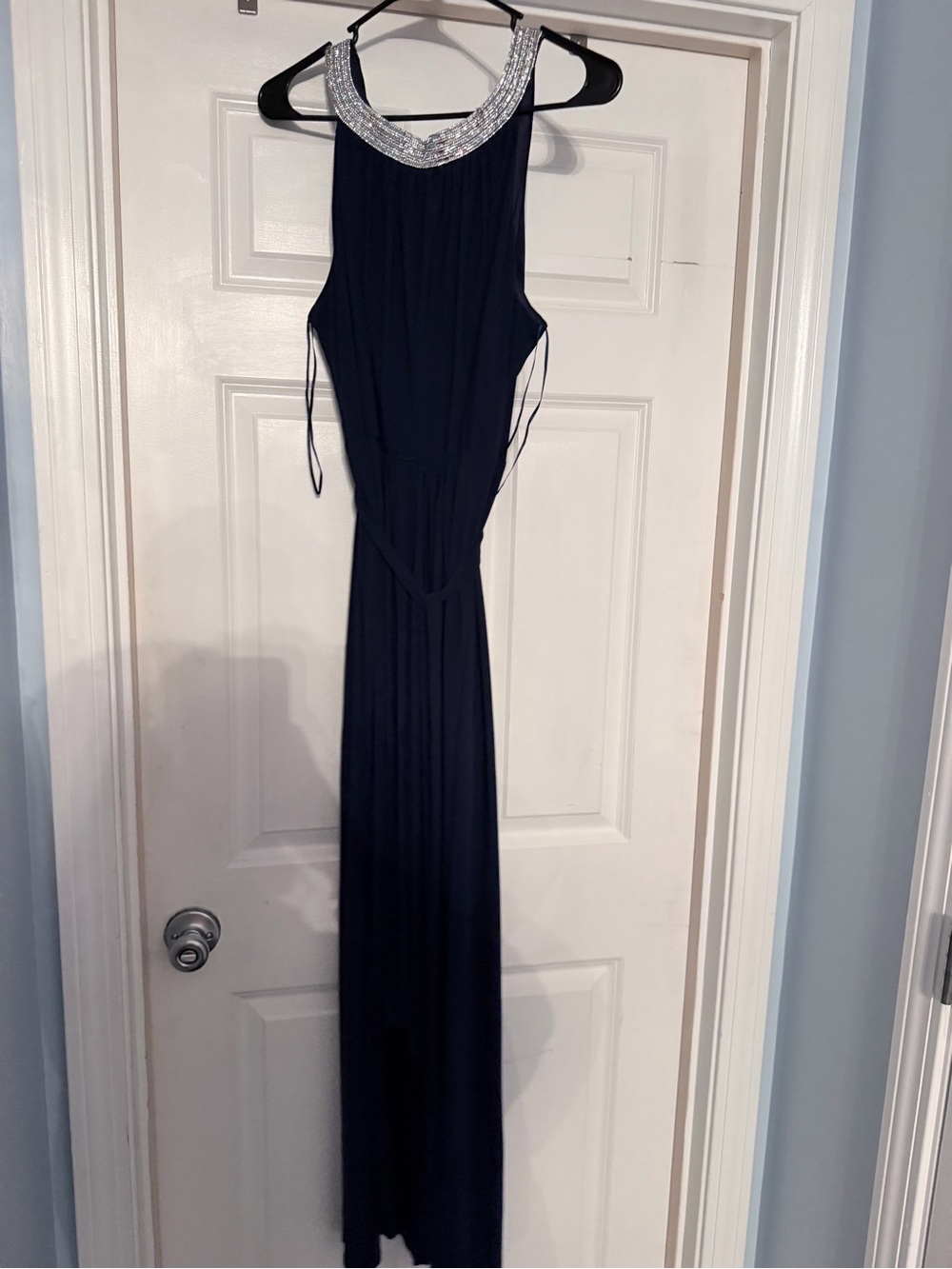 SLNY Navy Maxi Dress with Silver Beaded Neckline